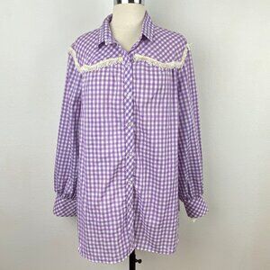 Vintage 70s Lane Bryant Lavender Gingham Shirt Blouse 40 Large Country Western